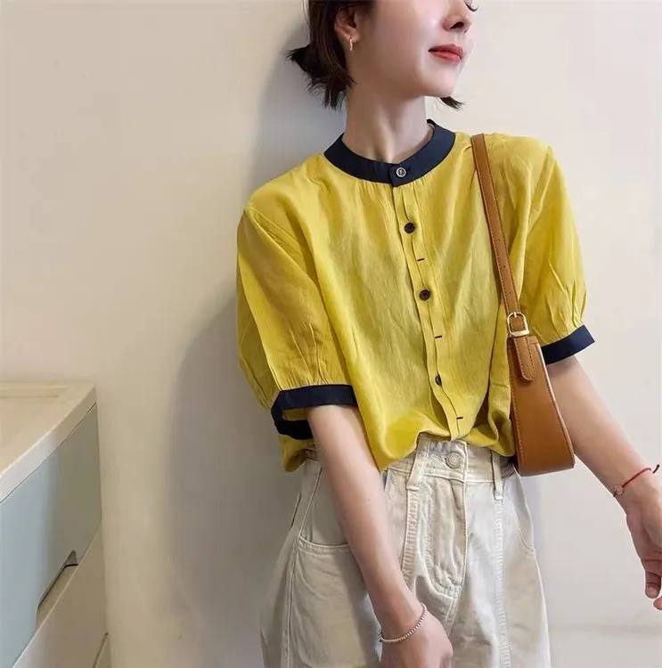 夏季新款简约小众圆领短袖撞色单排扣衬衫女宽松百搭上衣