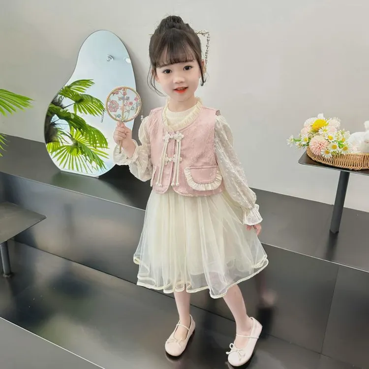 女童春季新中式连衣裙2025新款女宝宝春秋洋气国风马甲裙子两件套