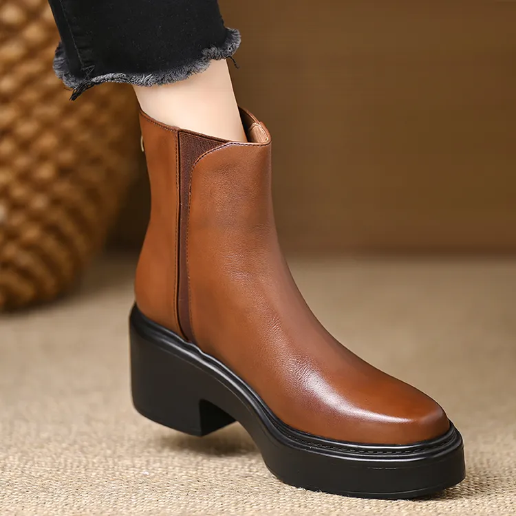 不累脚~6.5厘米头层牛皮复古厚底短靴女防水台高跟短筒靴子马丁靴