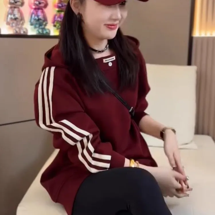 连帽秋冬拼接中长款韩版常规款休闲女长袖卫衣上衣宽松时尚百搭