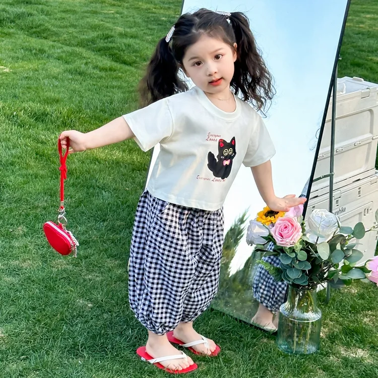 女童夏装短袖套装2025新款儿童格子防蚊裤洋气两件套宝宝夏季衣服