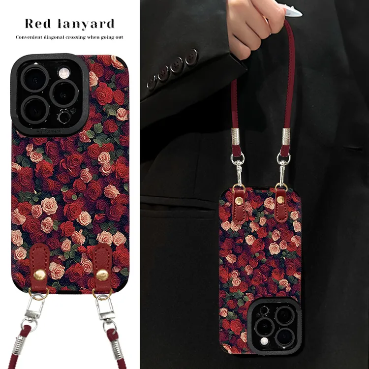 适用iphone16promax满屏玫瑰挂绳手机壳11瞳眼羊皮苹果15硅胶14女