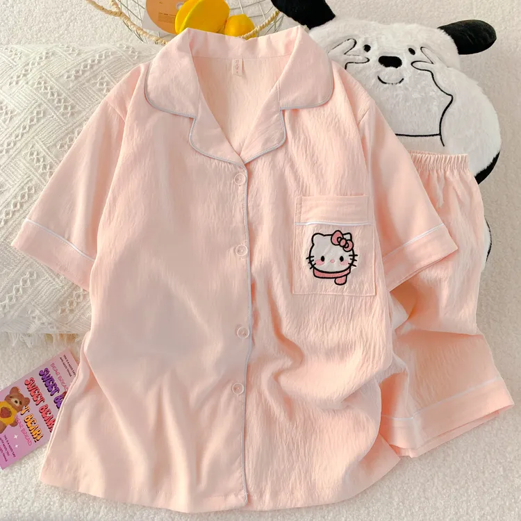 粉色KT猫女士女孩睡衣春季云朵棉短袖套装可外穿春夏家居服