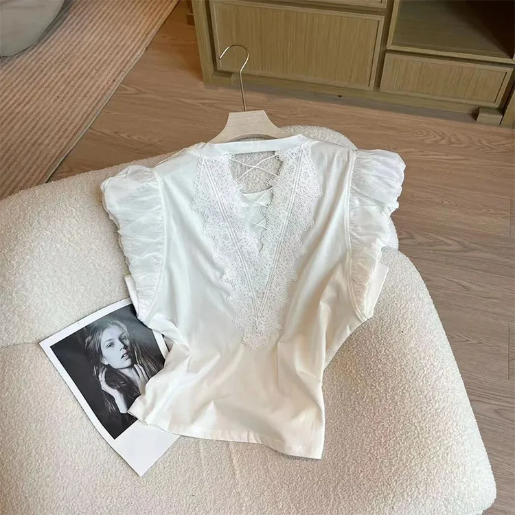 纯欲圆领蕾丝露背拼接无袖T恤女夏季新款纯色百搭上衣显瘦小衫潮