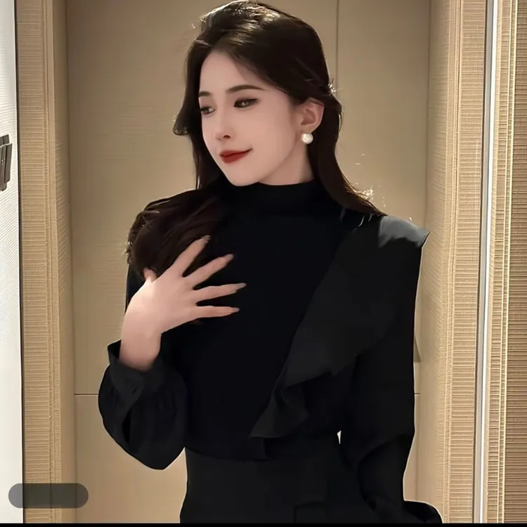 2025半高领长袖T恤女时尚修身显瘦上衣+高腰西装裤拖地裤