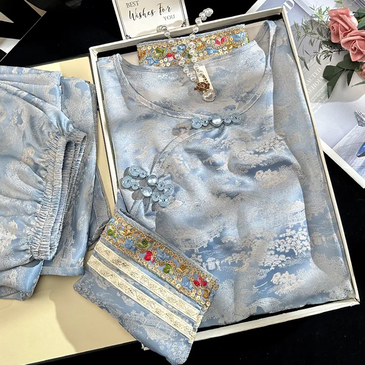 复古民族中国风刺绣睡衣女新中式夏季冰丝提花薄款家居服宫廷风