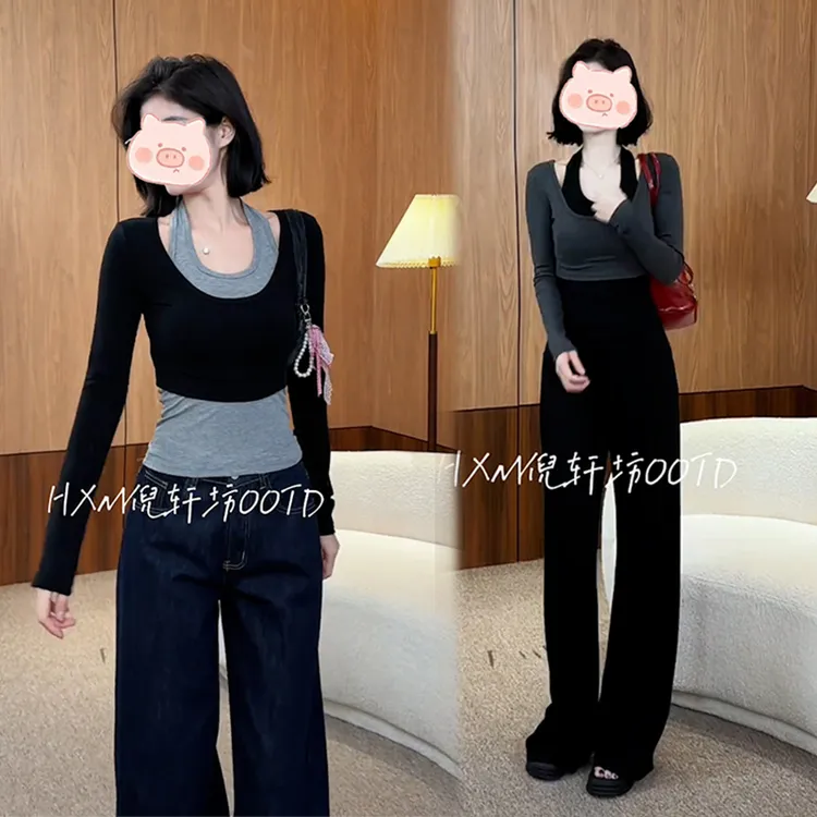 纯欲辣妹挂脖两件套长袖T恤女2025秋季新款修身显瘦百搭洋气套装