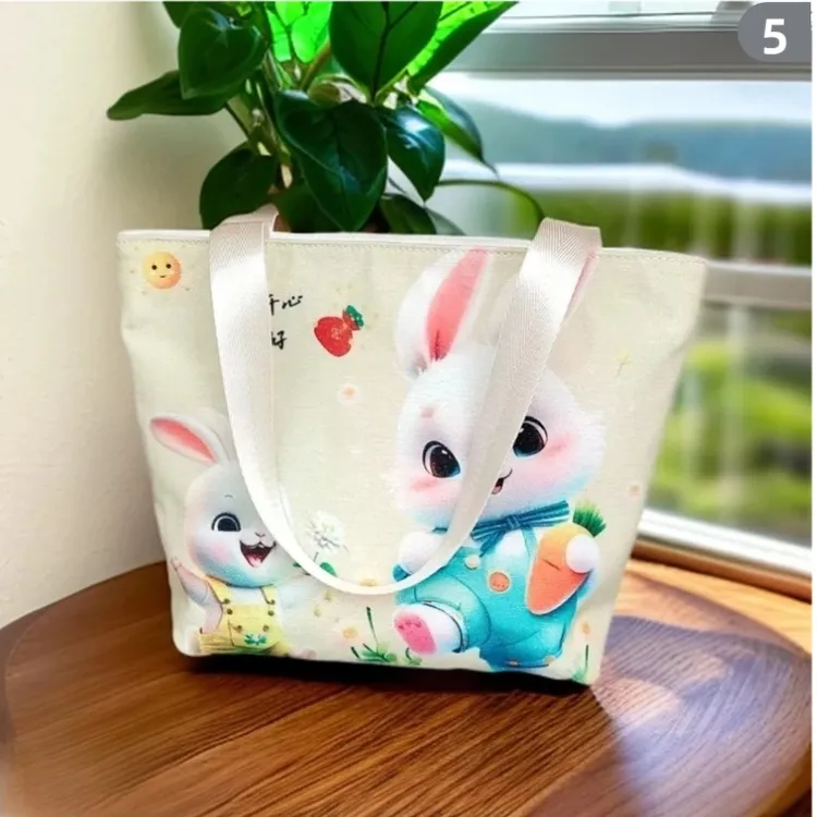 【网红2025可爱兔子双面卡通图案帆布包】大容量休闲单肩帆布手提包