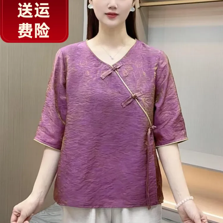 阔太太时髦潮款双色琉璃恤女夏款中年妈妈装气质领浮雕复古斜襟恤
