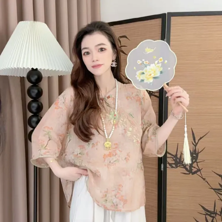 富贵人家025夏季复古文艺刺绣麻纱国风宽松五分袖轻薄百搭衬衫