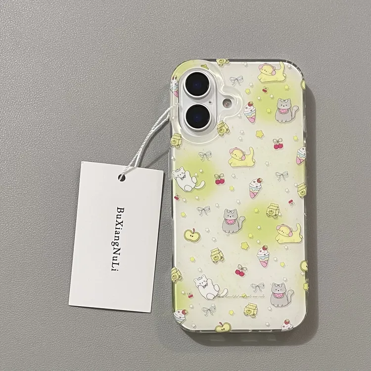 绿晕染星星冰淇淋樱桃猫咪适用苹果16pro手机壳iPhone15全包14/13