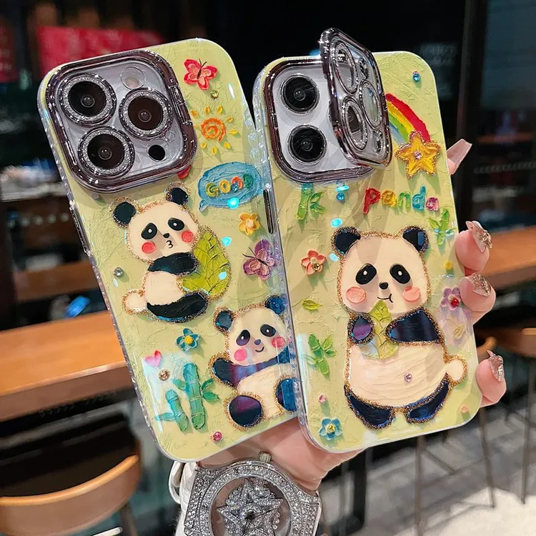 适用苹果系列iPhone16新款手机壳可爱卡通熊猫银灰色闪粉镜头支架