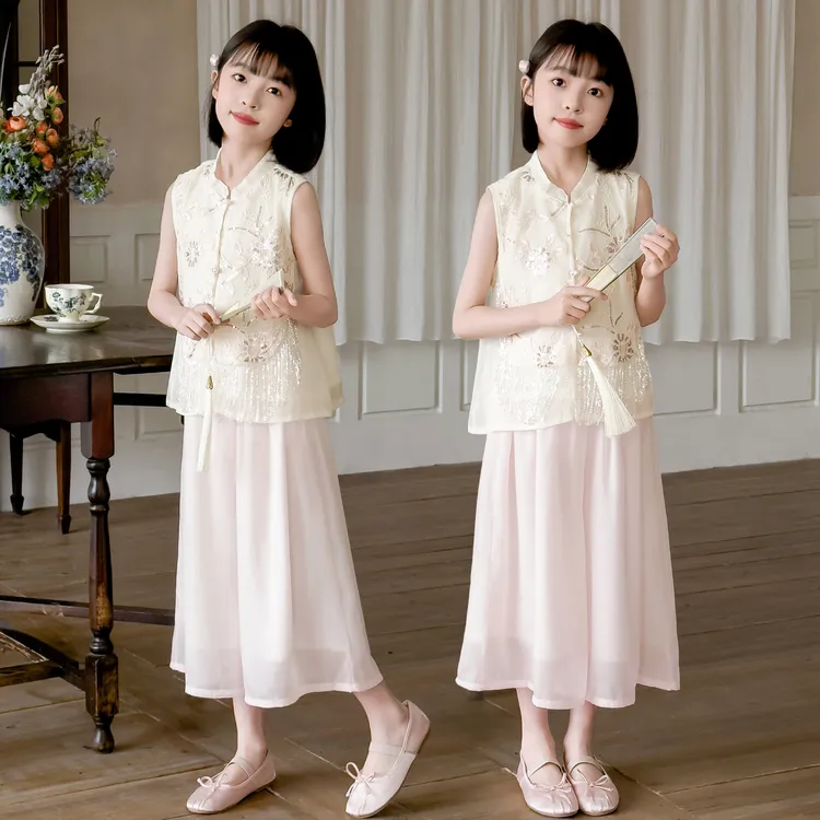 女童夏装汉服套装新款2025儿童6-12岁新中式中国风复古无袖两件套