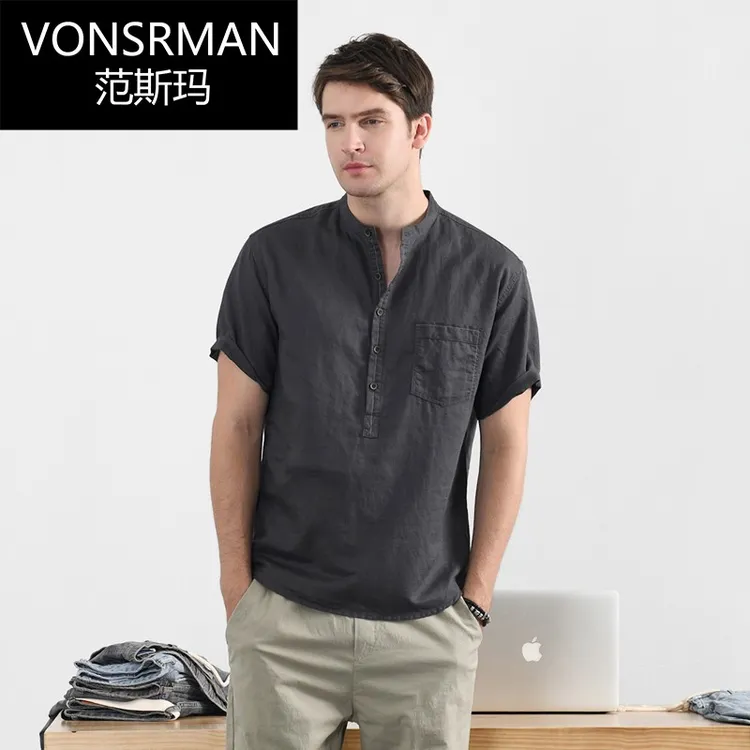 时尚夏季文艺复古棉麻短袖衬衫男士纯色休闲上衣男立领亚麻衬衣潮