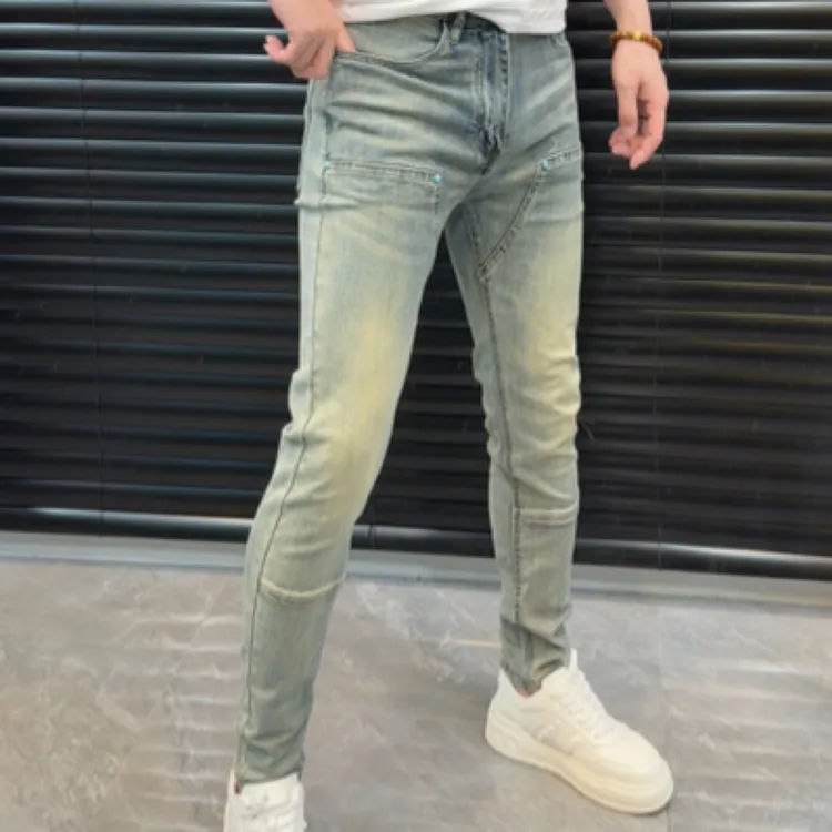 春夏男装拼接时尚2025休闲裤男小脚裤牛仔裤长裤修身