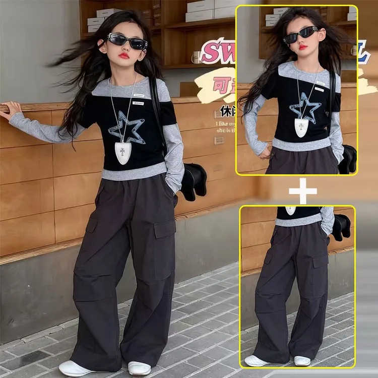 韩系女童打底衫春秋款2025新款儿童装洋气长袖t恤假两件工装裤子
