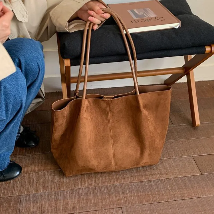 秋冬麂皮绒托特包复古磁扣欧美风单肩包日系小众通勤简约