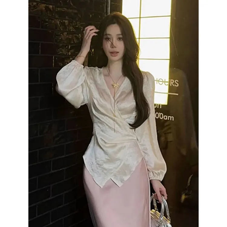 网红同款高级感气质V领不规则系带衬衫上衣+鱼尾半身裙套装女春秋
