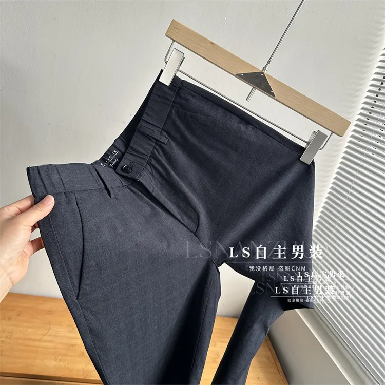 柔软！H系专柜撞色格子半松紧腰休闲裤男夏季薄款透气直筒九分裤