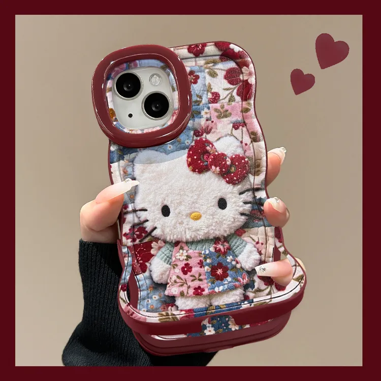 碎花KT猫适用于苹果17华为vivo/oppo小米iPhone16PRO双支架手机壳