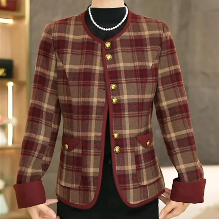 秋款小香风长袖格纹外套2025年新款C气质圆领宽松英伦女士上衣