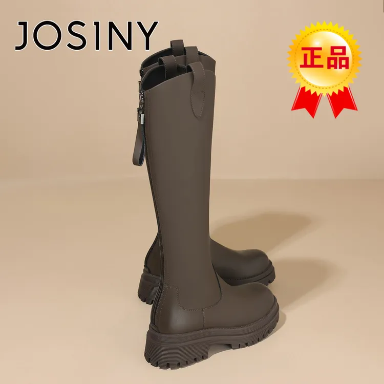 卓诗尼靴子女长筒靴2025秋季新款厚底不过膝v口显腿长高筒骑士靴 