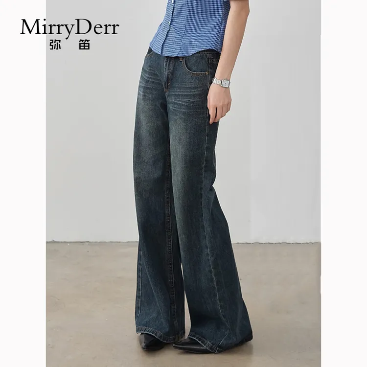 MirryDerr/弥笛时髦复古微喇牛仔裤女2025夏季新款宽松显瘦阔腿裤