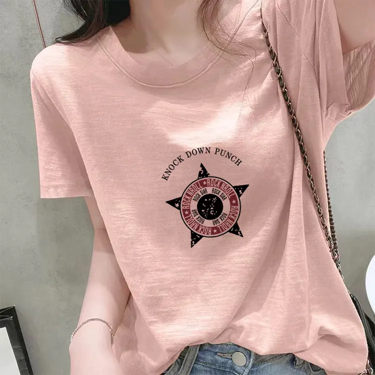 夏季圆领短袖竹节棉吸汗创意印花韩版印花T恤学生装女款百搭宽松T