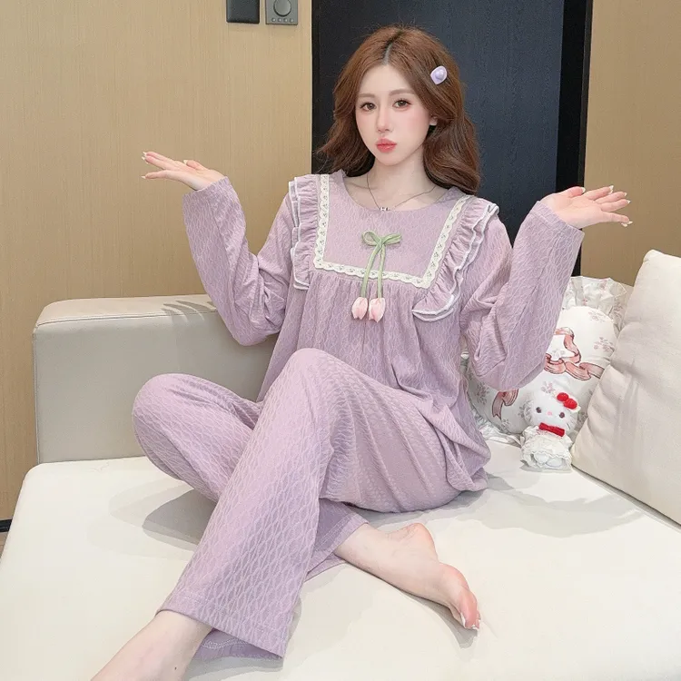 睡衣女秋季新6535棉提花长袖套装宽松大码220斤可穿家居服