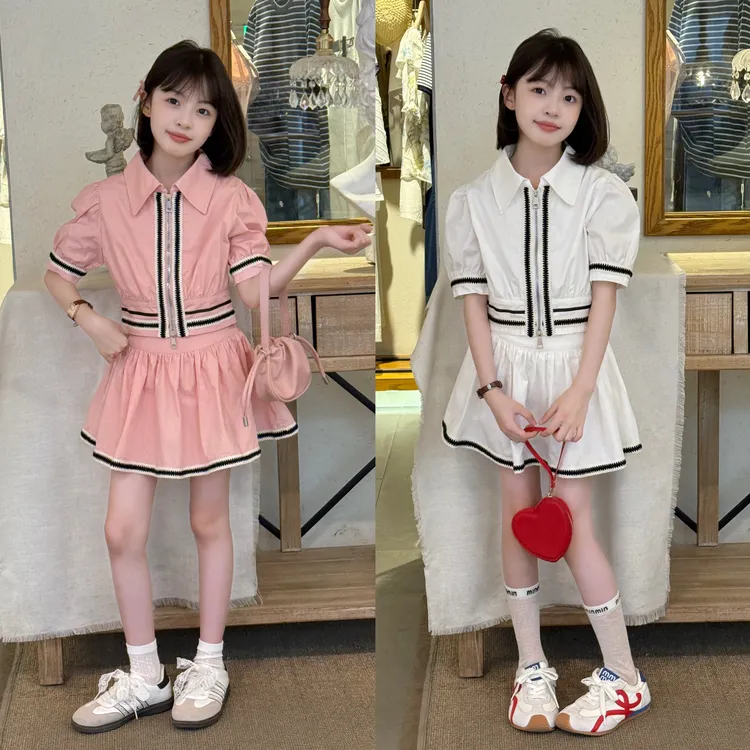 法式学院风撞色条纹短袖衬衫2025女童夏新款高腰百搭A字短裙套装