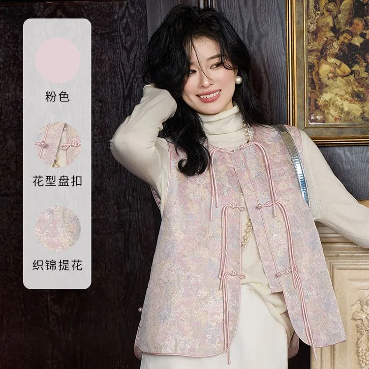 春季新中式女装高级感马甲提花织锦开衫复古国风盘扣外搭背心上