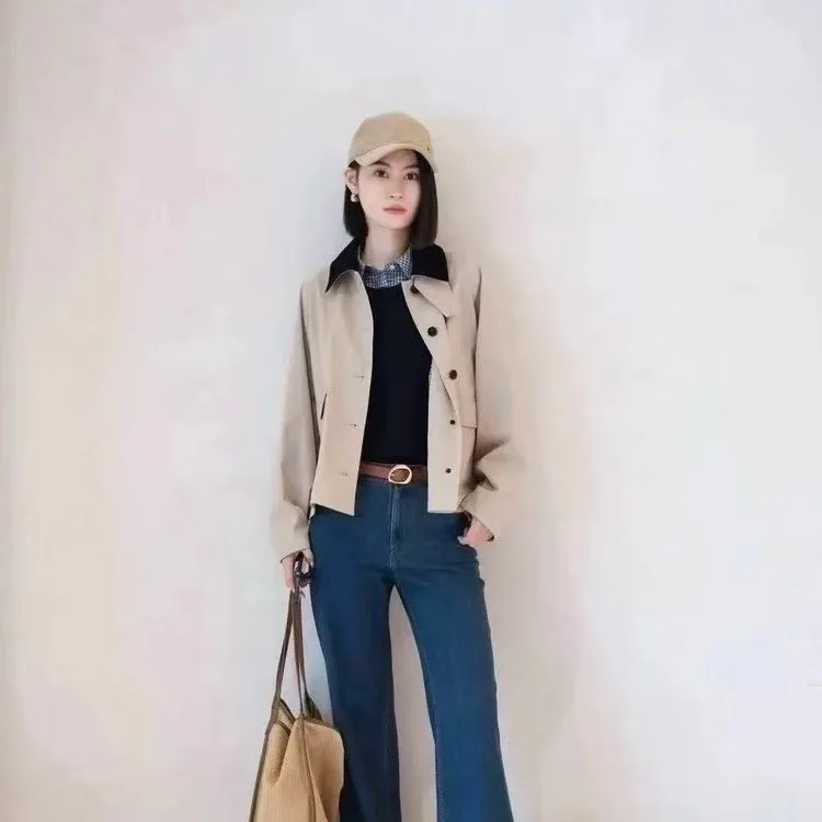 巴恩风撞色翻领短款风衣秋季新款时尚洋气显瘦女士外套