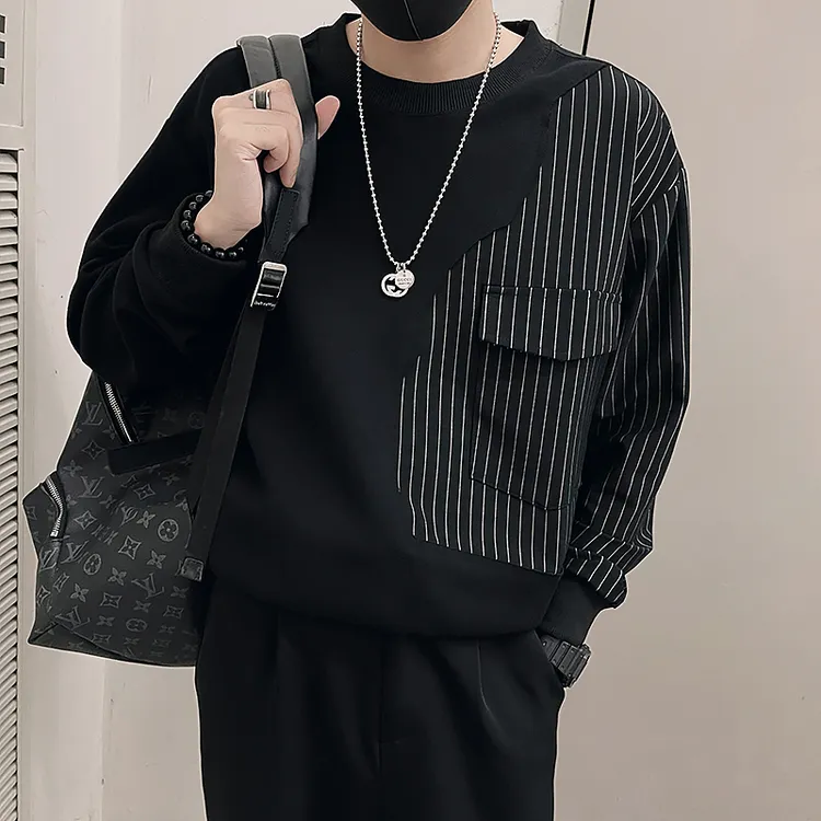 条纹拼接卫衣男款春秋潮牌痞帅长袖T恤2025新款男士休闲秋装上衣