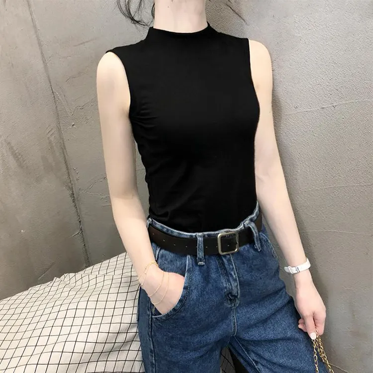 黑色莫代尔小半高领吊带背心女内搭春夏修身无袖夏季百搭上衣潮