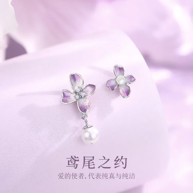 925银耳饰 紫色鸢尾花纯银耳钉女2025新款气质高级感花朵耳环耳坠
