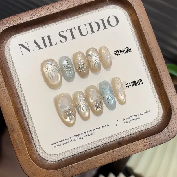 纯手工【蓝色烟火】雪花闪亮透感秋冬氛围感猫眼锆石显白新穿戴甲