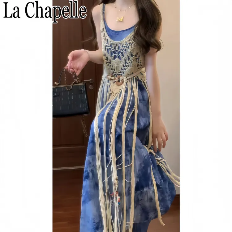 SM潮流民族风复古晕染印花吊带连衣裙海边度假女装禅意仙气飘飘