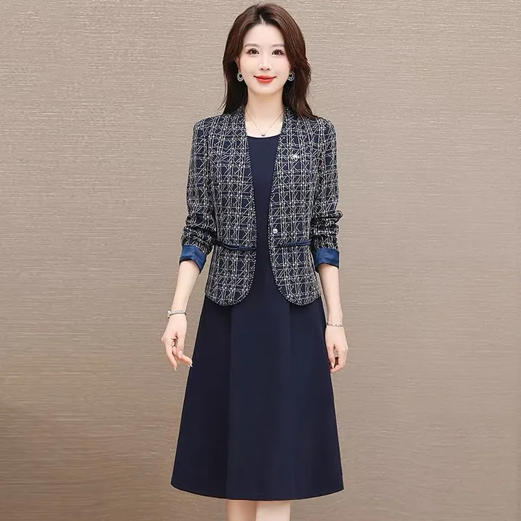中年妈妈春装连衣裙套装洋气中老年女小西装外套阔太太两件套裙装