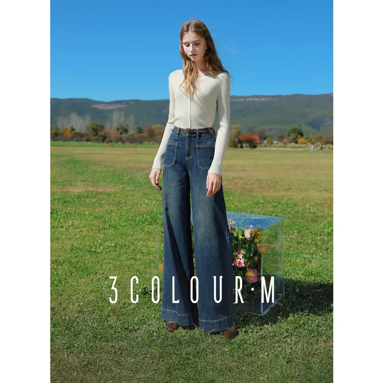 三彩2025春季新款摩登牛仔裤高腰宽松拖地长裤复古显瘦阔腿裤M