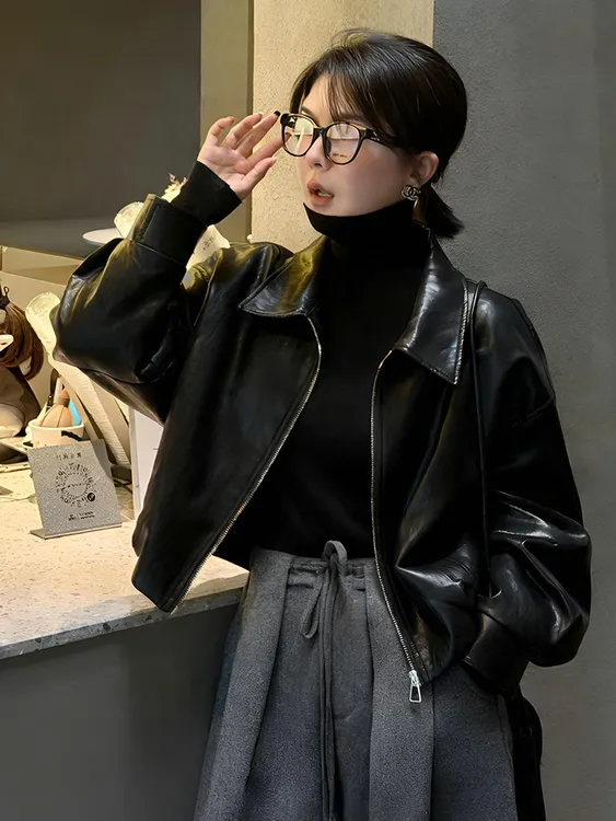 酷飒机车风内里夹棉皮外套女2025新款秋冬时尚小个子短款夹克上衣