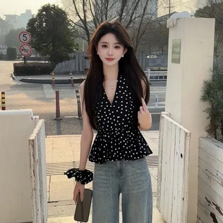 纯欲V领挂脖黑色波点无袖背心女夏季外穿设计感收腰露背小衫上衣