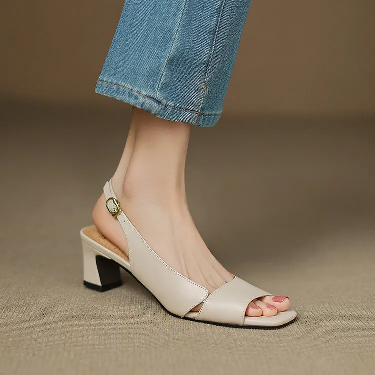 真皮鱼嘴凉鞋2025新款凉鞋女夏外穿百搭鞋子时装凉鞋中跟夏季凉鞋