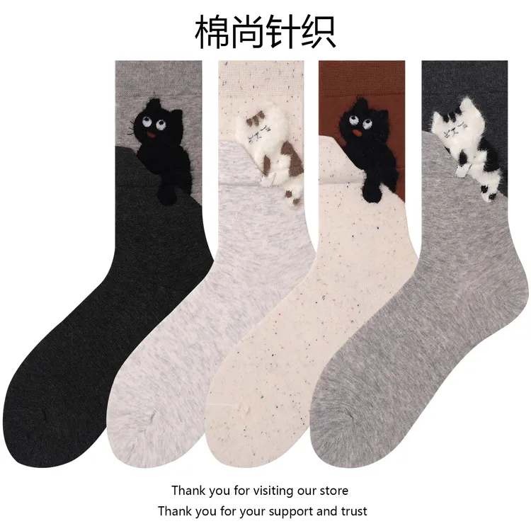 小猫袜子女中筒袜ins潮春秋季百搭2025新款爆款植绒卡通可爱长袜
