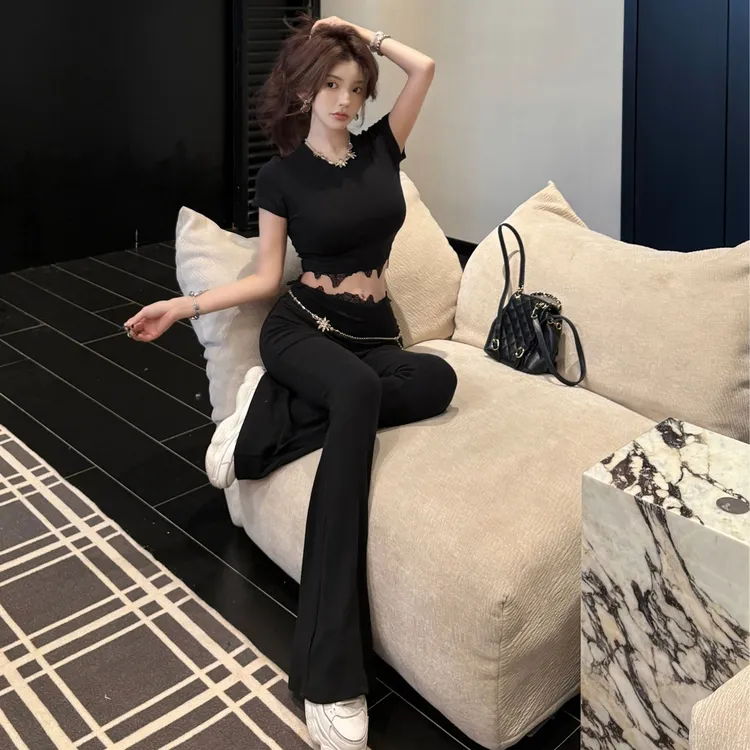 GUIDI GUDI【黑光诱惑】蕾丝T恤休闲裤套装/黄加蓝