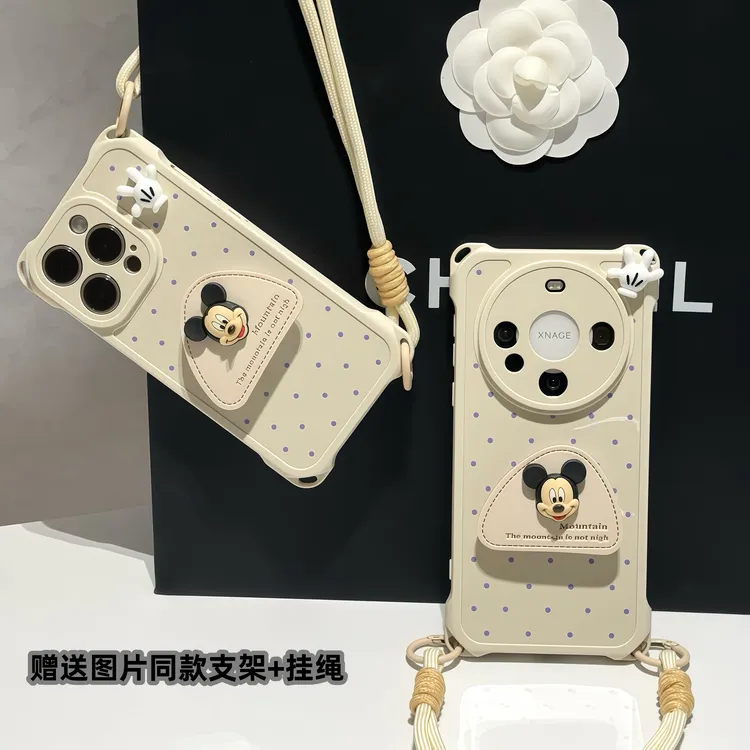 ins波点米奇支架挂绳适用iPhone14苹果16手机壳华为vivoppo小米15