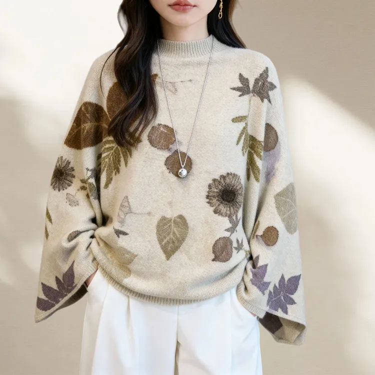 植物热转印新款100%羊毛大肥袖披肩保暖真丝外搭斗篷（可定制图案）