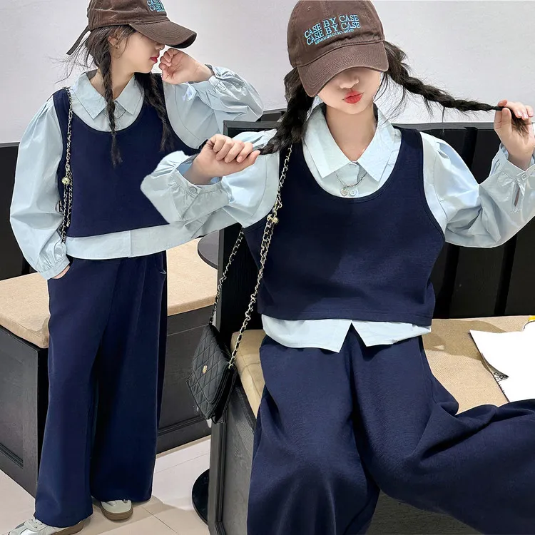 女童套装春秋款2025新款秋季女中大童洋气假两件衬衫儿童秋款裤子