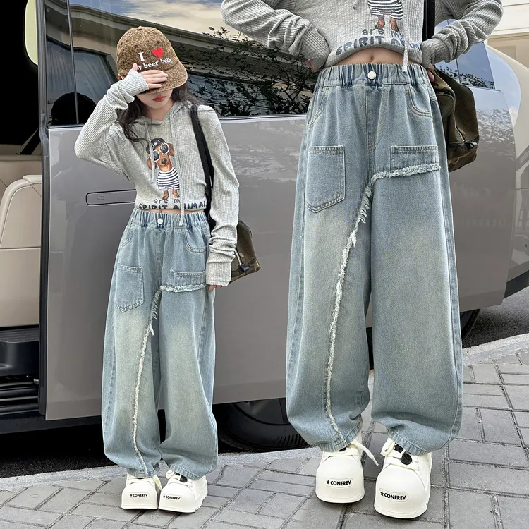 女童牛仔裤春秋女大童窄版阔腿裤休闲宽松弯刀裤秋季潮酷儿童裤子