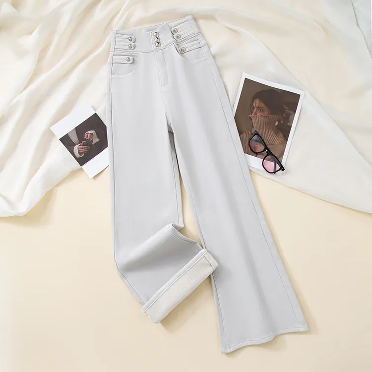 单裤/加绒高腰阔腿喇叭牛仔裤女弹力宽松显瘦垂感百搭加厚裤9876