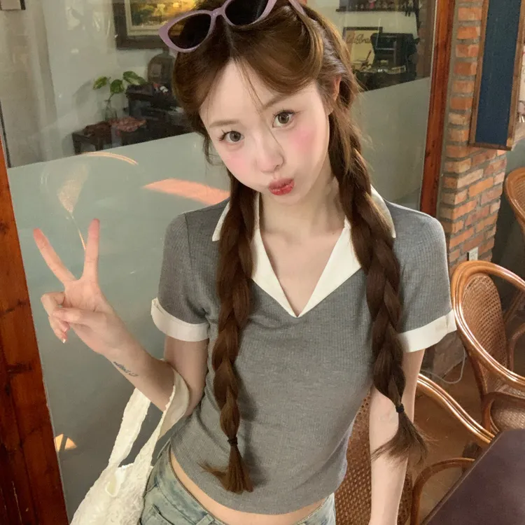 正肩短款短袖t恤女夏季潮简约纯色修身撞色翻领百搭韩版休闲上衣
